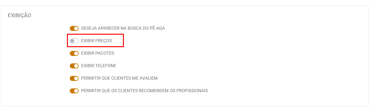 Marque ou desmarque a opção Exibir Preços