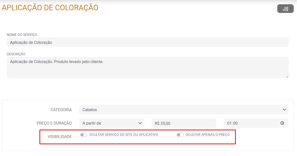 Marque ou desmarque a opção Exibir Preço ou para OCULTAR o serviço